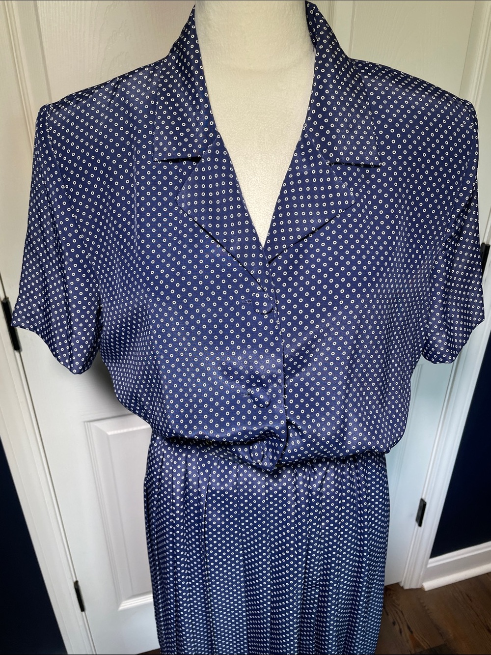 Vintage Leslie Fay Navy & White Polka Dot Midi Dress Pleated Skirt Size Large